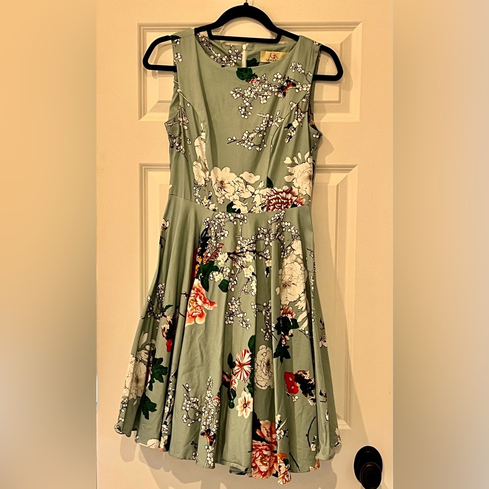 *GRACE KARIN* GREEN FLORAL RETRO SWING DRESS- SIZE SMALL